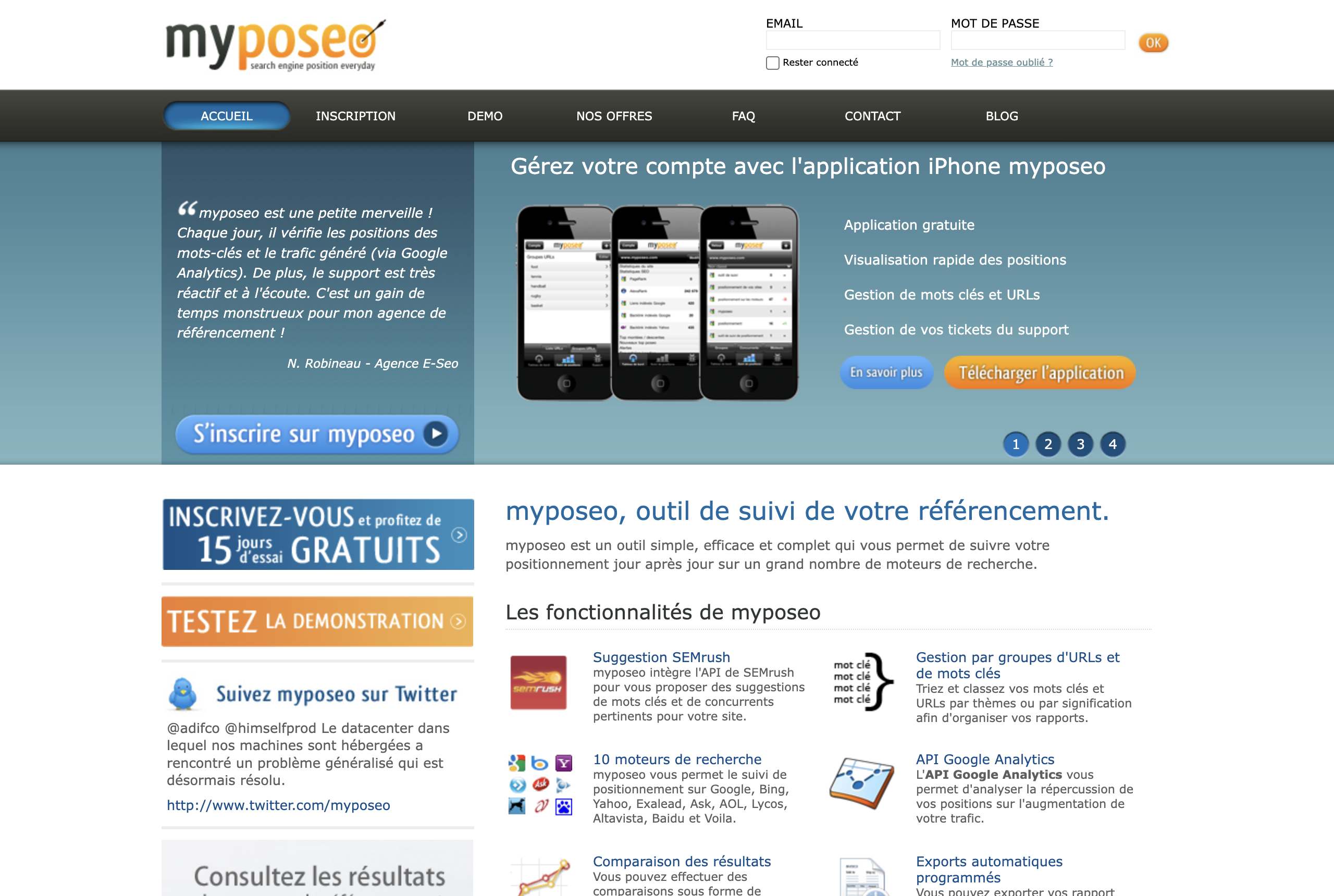 La page d’accueil de Myposeo en 2011 : suivi de positionnement sur les moteurs de recherche.